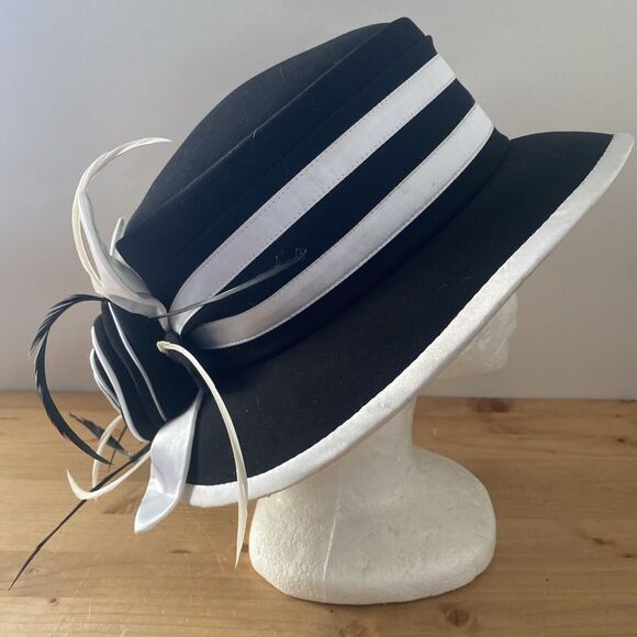 Ben Marc Hat Black & White Derby Dress Church Structured Hat w Satin 3D Flower - Picture 4 of 9